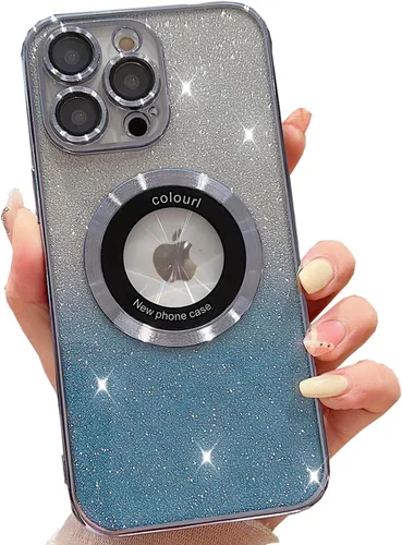 Vista 15 de Funda magnética con purpurina para iPhone 13 Pro Max, compatible con MagSafe con protector de cámara, logotipo suave, de lujo, linda, para mujeres