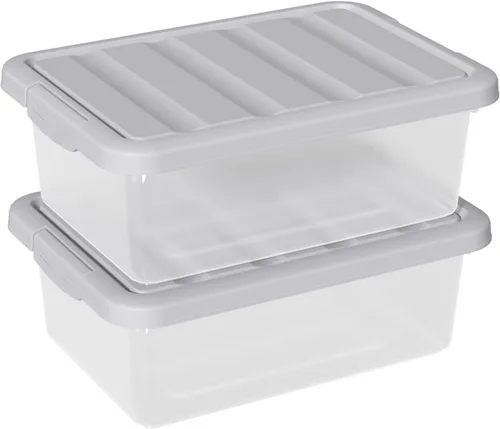 Vista 10 de Cubo de almacenamiento apilable de plástico de 14 cuartos de galón, caja de almacenamiento básica transparente con tapa negra (paquete de 2)