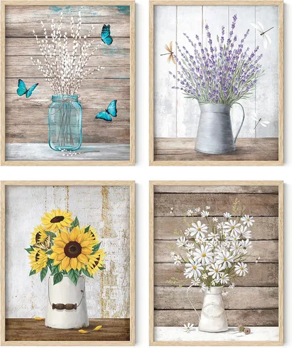 Vista 37 de HAUS AND HUES Arte de pared floral gris, juego de 4 pósteres de plantas para pared vintage, impresiones botánicas, cuadros de flores en blanco