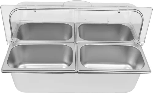Vista 4 de Recipiente de acero inoxidable para servir alimentos de 4 bandejas con tapa, servidor de condimentos con cucharas, abrazaderas, bolsas de agua