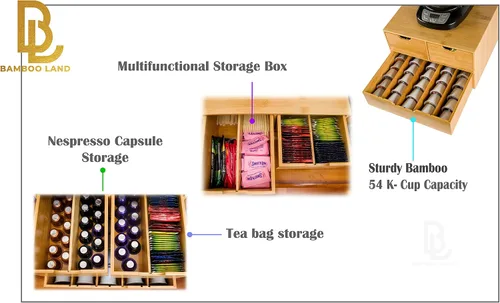 Vista 5 de Soporte extragrande de bambú para mostrador, cajón organizador de 2 niveles K-Cup