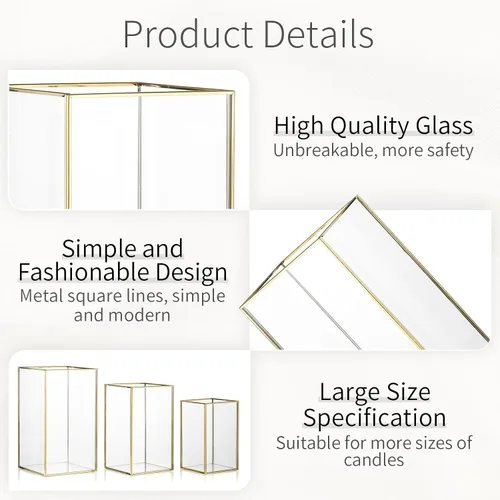 Vista 5 de Portavelas de cristal para huracanes: 3 piezas de oro grande rectangular portavelas de huracán, centros de mesa para mesas, farol decorativo