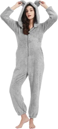 Vista 4 de COZYPOIN Pijama con capucha de forro polar para mujer, con cremallera, ropa de dormir con orejas