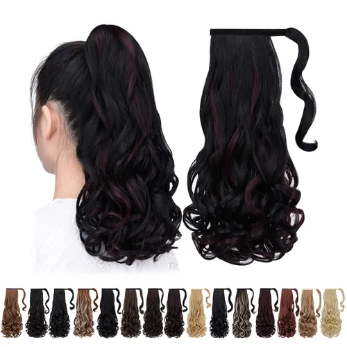 Vista 36 de Extensiones de cola de caballo negras, colas de caballo rizadas con clip, 22 pulgadas, 3.5 onzas, extensión de cabello sintético envolvente del pelo