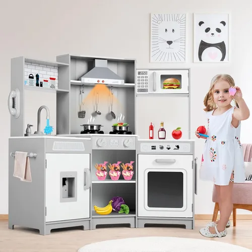 Vista 7 de JOYLDIAS Cocina de juego para niños, esquina de madera con luces y sonidos realistas, horno microondas, dispensador de agua, teléfono, fregadero