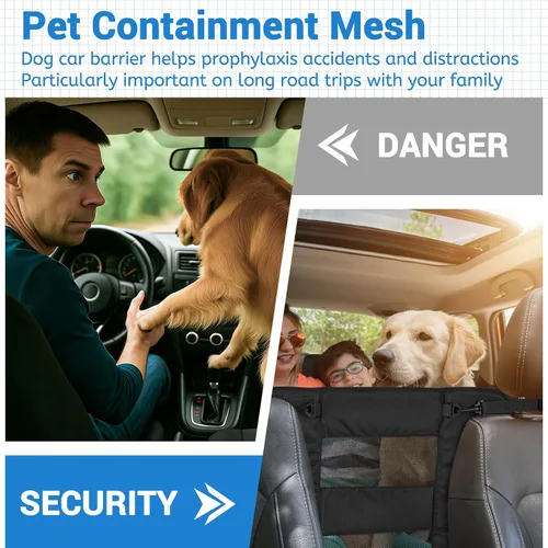 Vista 11 de Barrera de Asiento Trasero para Perros en Coche, Barrera de Nylon Acolchada y Duradera para Mascotas, Barrera de Viaje para Vehículos con 2 Ventanas