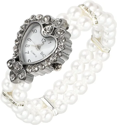 Vista 2 de Hemobllo - Reloj de cuarzo para mujer, con perlas elásticas, con esfera de corazón y diamantes de imitación, estilo casual, para niñas, regalo