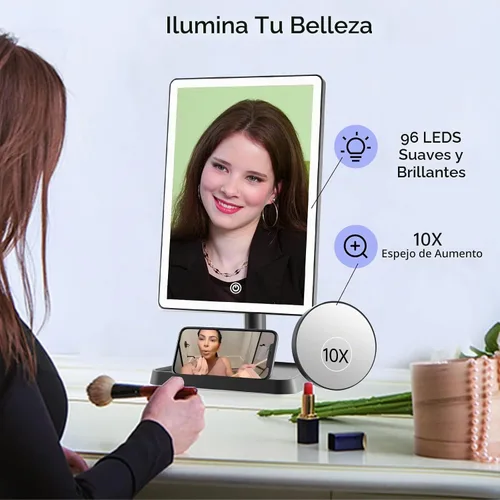 Vista 7 de FUNTOUCH Espejo de tocador de maquillaje recargable con luces, espejo de escritorio grande iluminado con 96 luces LED y aumento de 10x, iluminación