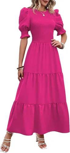 Vista 146 de BTFBM Vestidos para mujer, cuello redondo, casual, de verano, con volantes, manga corta, bohemio, con niveles, fruncido, largo, con estampado floral