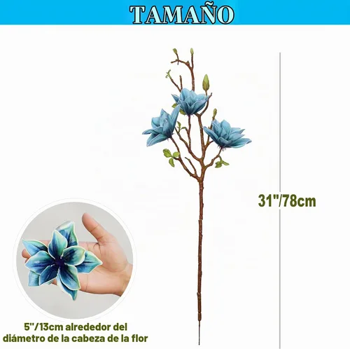 Vista 2 de 3 piezas de ramas de flores artificiales de magnolia, tallo de 31 pulgadas de largo, flores artificiales de imitación premium para decoración
