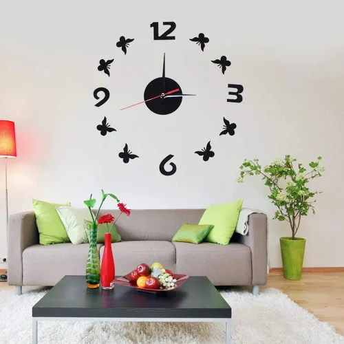 Vista 2 de Kit de reloj de pared grande sin marco, silencioso, sin tictac, 3D, moderno, con mariposas, para bricolaje, con número de espejo, calcomanías