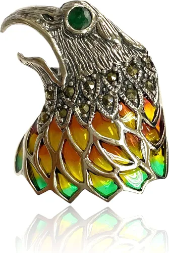Vista 6 de Art Nouveau Style Plique a Jour Enamel Eagle Bird Pin Brooch with Ruby Eye and Marcasite Stone 925 Sterling Silver