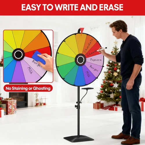 Vista 4 de Rueda de premios de 24 pulgadas, rueda giratoria ajustable con base pesada de alta resistencia Adjustable 47"-61" Height, 12 Dry Erase Prize Slots