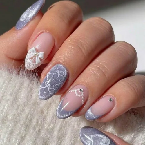 Vista 60 de Uñas postizas a presión medianas con diseño geométrico blanco almendra – 24 uñas postizas reutilizables de ABS brillante, fácil de aplicar, juego