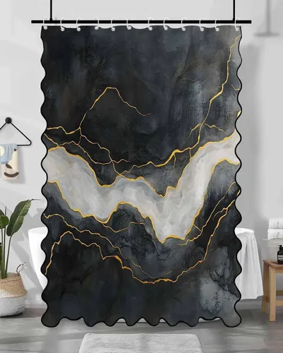 Vista 2 de Scalloped Shower Curtain for Bathroom 36"x72" Modern Minimalism Black Marble White Texture Waterproof Wave Bathroom Shower Curtain Sets with Hooks