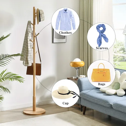Vista 2 de IBUYKE Perchero de madera, 8 ganchos, 3 opciones de altura, natural WD-115 Round Base Coat Hanger,Easy Assembly,Clothes Rack for Hallway Entryway
