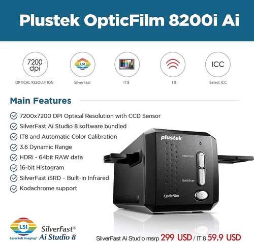 Vista 4 de Plustek OpticFilm 8200i Ai - Convertidor de escáner de película y diapositivas + 2 soportes deslizantes montados de 1.378 in