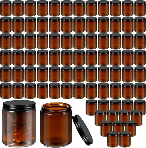 Vista 11 de Lallisa - Paquete de 32 tarros de vidrio ámbar de 8 onzas con tapas negras, recipiente recargable