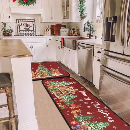 Vista 4 de Juego de 2 alfombras de cocina de Navidad, muñeco de nieve, árbol de Navidad, antideslizantes, lavables, decoración de cocina de invierno y Navidad
