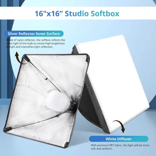 Vista 2 de UBeesize Softbox Kit de Iluminación para Fotografía, Kit de Iluminación Continua de 16" x 16" con Bombilla de Socket E27 de 40W 6500K, Iluminación