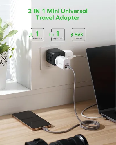 Vista 3 de MOMAX Mini Adaptador Universal de Viaje Mundial, 2 AC, Adaptador de Enchufe de Viaje Europeo Completo Reino Unido, Elementos Esenciales de Viaje