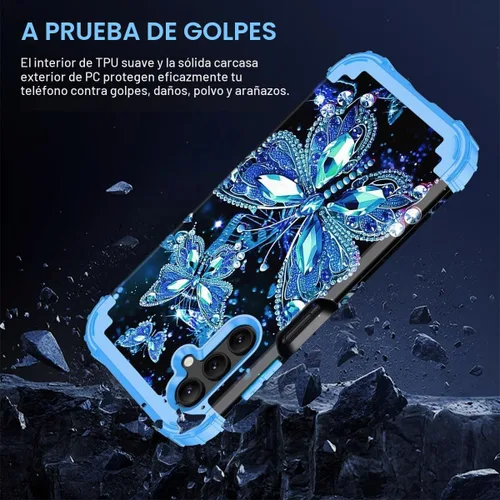 Vista 6 de Miqala Funda para Galaxy A14 5G, que brilla en la oscuridad, tres capas, resistente, a prueba de golpes, protección completa, parachoques de Azul