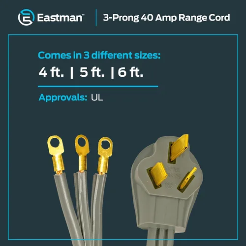 Vista 6 de Eastman Cable eléctrico de 3 puntas, 40 amperios, 4 pies de longitud, gris, 61256