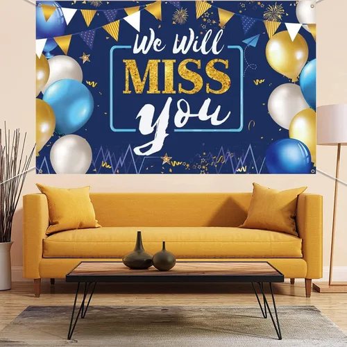 Vista 5 de Decoraciones de fiesta con texto en inglés "We Will Miss You", pancarta de fondo para fiesta de jubilación, pancarta de despedida de oficina, fiesta