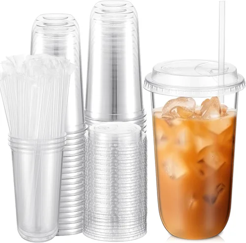 Vista 8 de Ziliny 50 juegos de vasos de plástico transparente con tapas y pajitas, vasos desechables para café helado a granel PET para vino, cóctel, batido