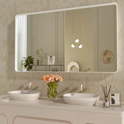Vista 45 de WEER - Espejo de baño con luces LED, 50x70cm, espejo de tocador montado en la pared, 3 colores regulables, almohadilla antiempañante retroiluminada