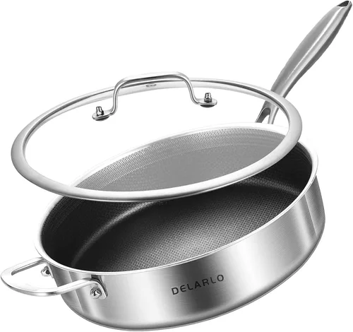 Vista 12 de DELARLO Sartén de tres capas de acero inoxidable de 10 pulgadas Sartén de freír profunda de 3QT con tapa Sartén de saltear con tapa Compatible
