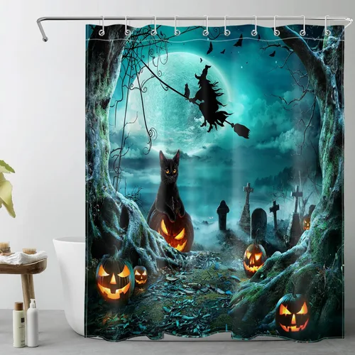 Vista 38 de LB Cortina de ducha espeluznante de Halloween, árbol muerto espeluznante con tela de araña de murciélago, cortina de ducha de baño con temática