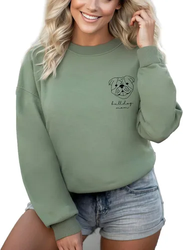 Vista 6 de English Bulldog Mama Women's Long Sleeve Crewneck Dog mom Sweatshirt English Bulldog Mama Print Graphic Shirts Pullover Tops Ash