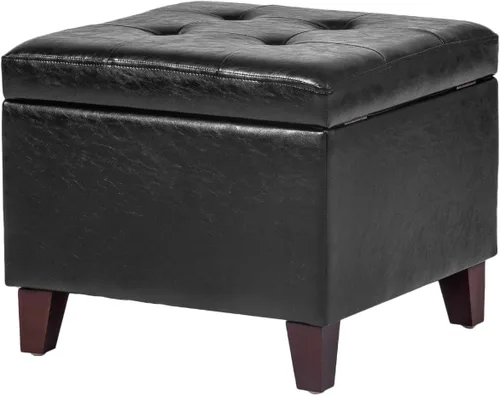 Vista 11 de Adeco Otomana moderna de cuero con ruedas, otomana cuadrada negra rodante de 18.8" con almacenamiento, taburete de tocador tapizado acolchado