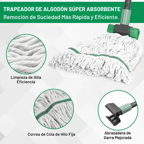 Vista 3 de Trapeador resistente para limpieza de suelos, trapeador comercial industrial con mango de 57.5 pulgadas de largo, mopas de algodón húmedo con cuerda