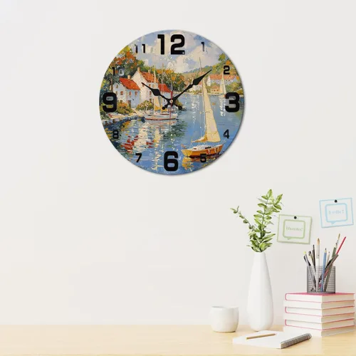 Vista 3 de Coastal Harbor Painting Wooden Wall Clock with Nautical Scene 25x25cm