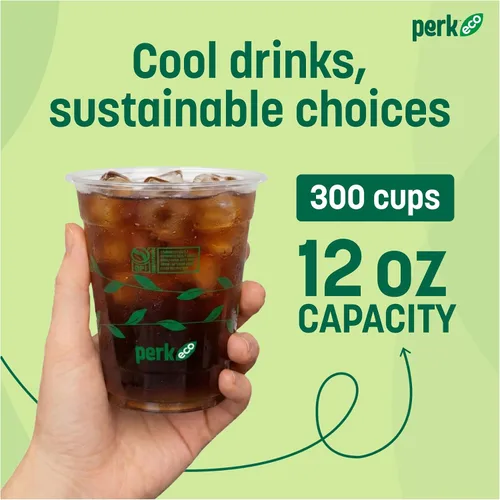 Vista 2 de Perk Staples Vaso frío plástico compostable, 12 onzas, transparente/verde, 300/cartón (PK56195)