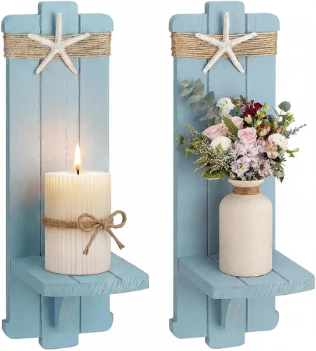 Vista 8 de Candelabros para decoración de pared de granja, 2 candelabros rústicos góticos hechos a mano de madera para montaje en pared para dormitorio, sala