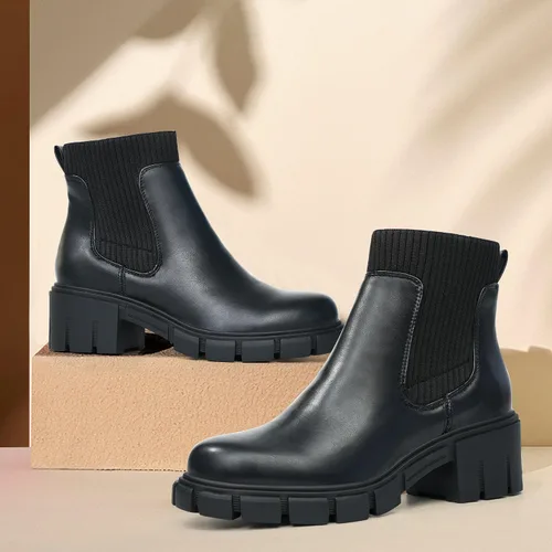 Vista 3 de JABASIC Botas de tobillo gruesas para mujer, botas Chelsea elásticas