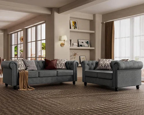 Vista 15 de Morden Fort - Juego de sillas y sofá Chesterfield clásico, con reposabrazos acolchados y patas de madera maciza, sofá cama para mascotas, cómodo