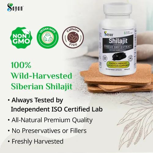 Vista 2 de Sayan Shilajit 90 cápsulas/440 mg ea.- Suplemento orgánico con alto contenido de ácido fúlvico para apoyar tu sistema inmunológico, reforzar