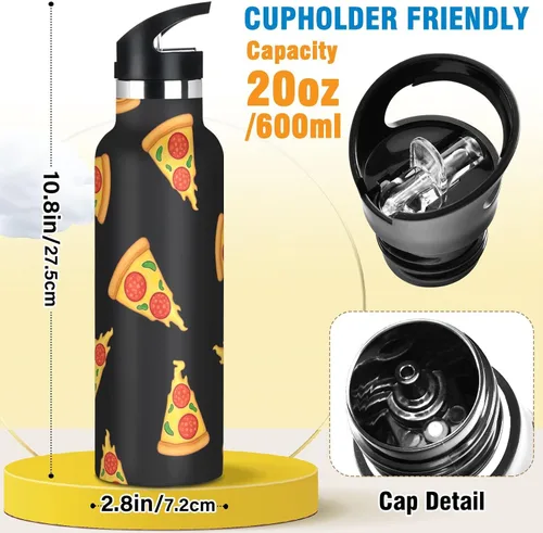 Vista 2 de Kids Water Bottle with Straw 20 Oz Water Bottle Insulated for Boys Girls, BPA-Free, Cartoon Slices Pizza Black