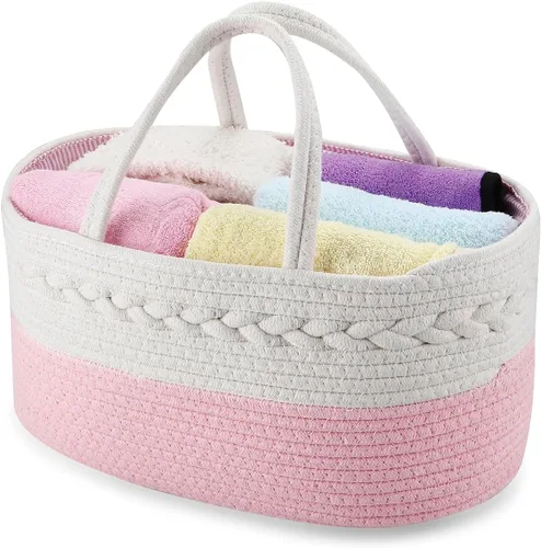 Vista 2 de PandaEar Organizador de pañales para bebé, cesta de almacenamiento de cuerda de algodón, organizador portátil de automóvil para baby shower, regalos