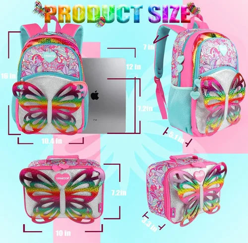 Vista 3 de Mochila con lentejuelas y alas de mariposa con bolsa de almuerzo para niñas, niños y adolescentes, juego de mochila escolar para preescolar, Rosado