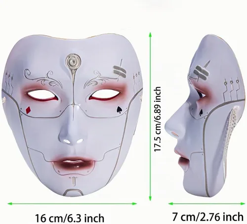 Vista 2 de Cyberpunk Poker Robot Mask for Teens & Adults (Ages 14+), White Mechanical Doll Mask with Playing Card Patterns Multicolor