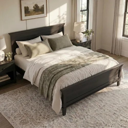 Vista 3 de Merax Base de cama de plataforma de madera de tamaño matrimonial con cabecero, cama de granja moderna de mediados de siglo, marco de cama de madera