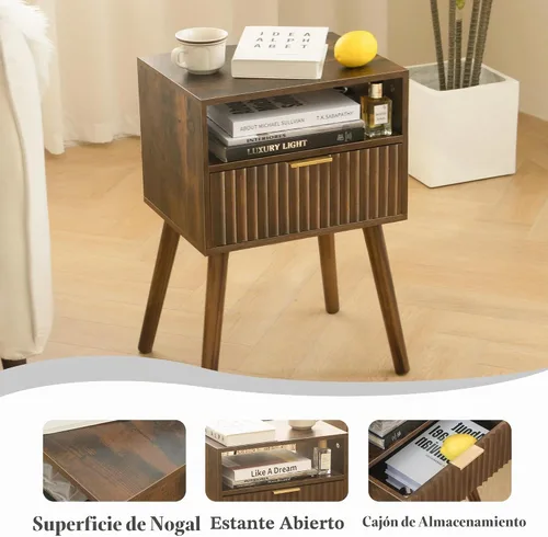 Vista 5 de Fultyle Mesita de noche pequeña, mesita de noche de madera con cajón acanalado y estante Marrón rústico