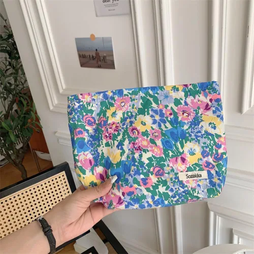 Vista 2 de Bolsa de maquillaje para mujer, bolsa de cosméticos de lona con cremallera, bolsa de maquillaje pequeña, bolsa de maquillaje floral, organizador