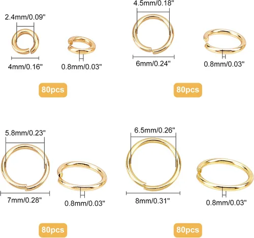 Vista 2 de AHANDMAKER 320 anillos de salto abiertos, 4 tamaños reales chapados en oro de 24 quilates, anillos de salto de acero inoxidable a granel