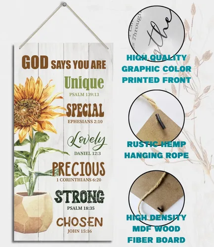 Vista 3 de Letrero decorativo de madera con cita inspiradora cristiana, Dios dice que eres, versículos de la Biblia, decoración de placa de madera impresa